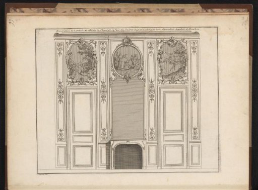Design for an interior with a large mirror above a fireplace and medallions
