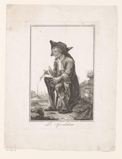 Old man seated on a stool with an owl