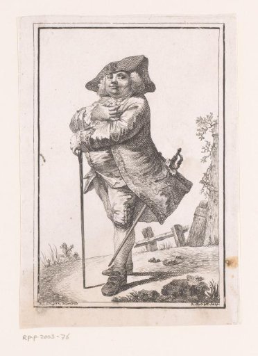 Man with hat and sword leaning on a cane