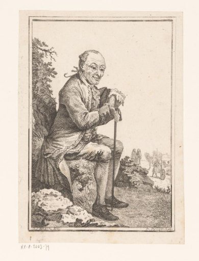 Seated man with a walking stick in a landscape