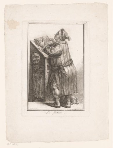 Reading man with a dog before a lectern