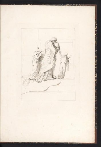 Mourning woman with urn, accompanied by two girls with torches and a floral garland
