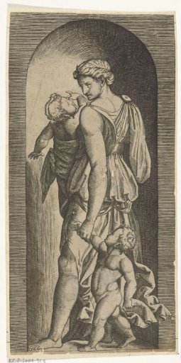 Woman as an allegory of Love (Caritas) with two children standing in a niche