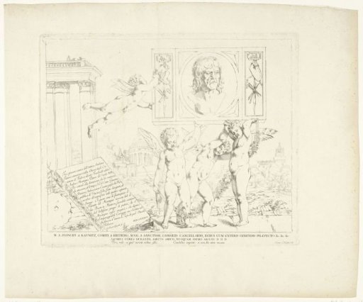 Title page with portrait of Andrea Mantegna and putti