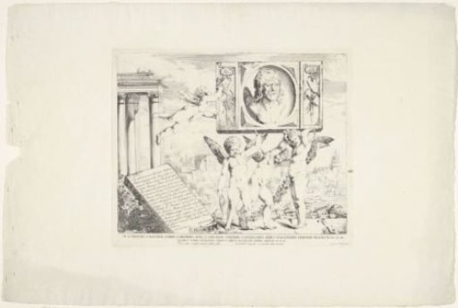 Title page with portrait of Andrea Mantegna and putti