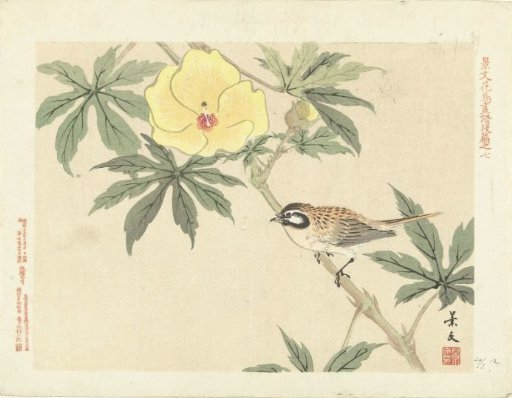 Bird on a branch with a yellow flower