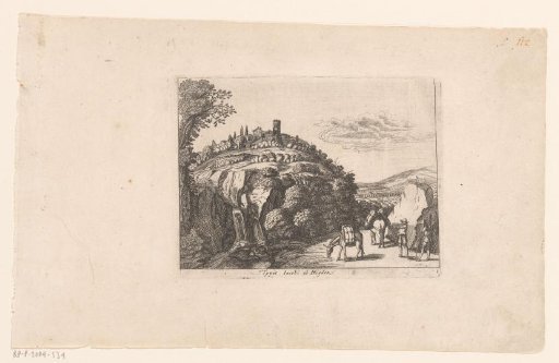 Hilly landscape with a waterfall and two donkeys