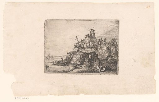 Coastal landscape with fishing boats and a village on a hill