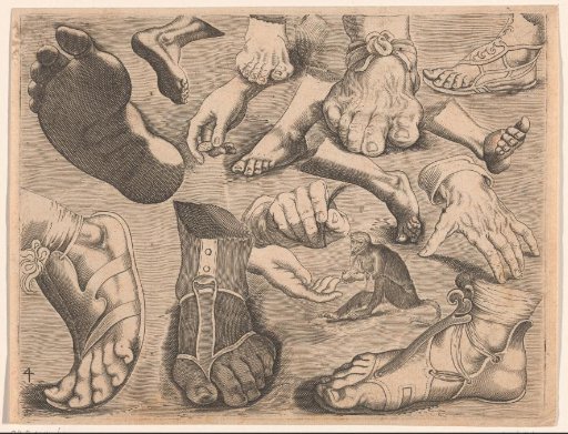 Study Sheet with Drawing Examples: Hands, Feet, and a Little Monkey