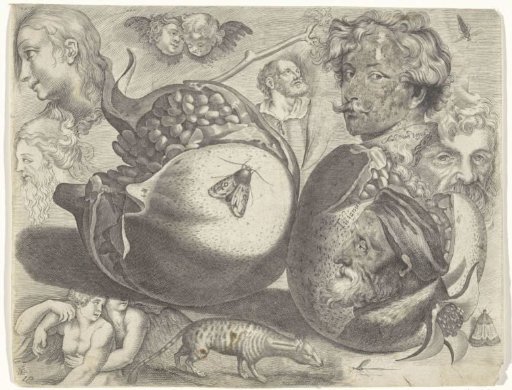 Study Sheet with Drawing Examples: Heads, Figures, Fruits, Animals