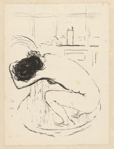 Naked woman sitting crouched in a tub and washing herself