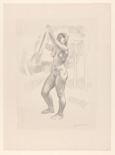 Naked woman holding up a cloth