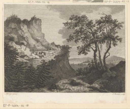 Landscape with cattle and a carriage on a mountain road