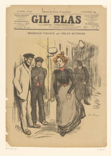 Woman with an apron and three men on the street