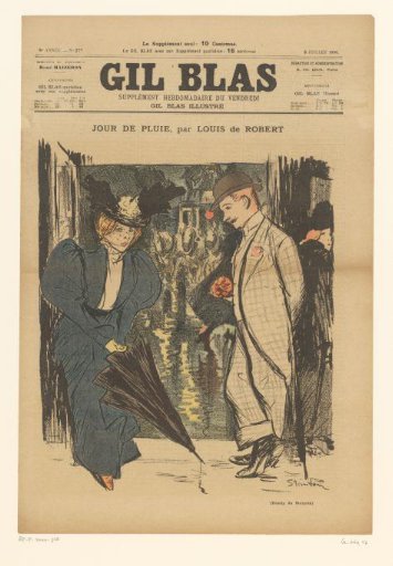 Woman with an umbrella and a man with a rose