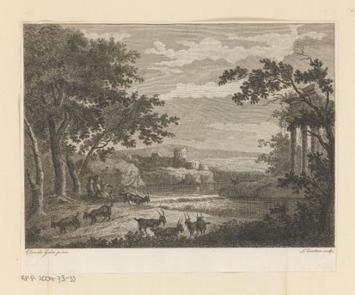River landscape with ruins, shepherds and goats