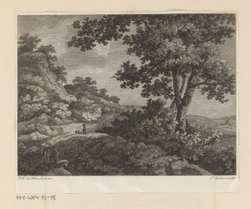 Hilly landscape with figures on a country road