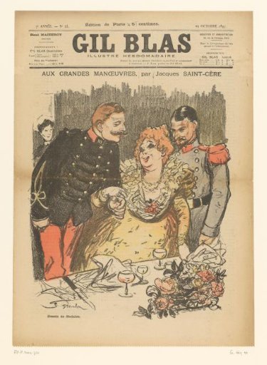 Male soldier and woman arm-in-arm before a table with drinking glasses and flowers