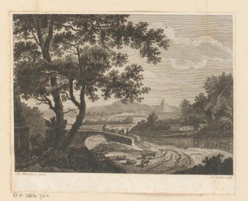Landscape with a stone bridge and a pyramid