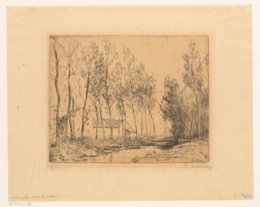 Landscape with a rustic house and poplars