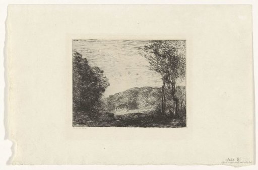 Landscape with a house and a group of trees on the right