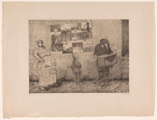 Woman teaching about the life stages of man, beside her a monkey and a barrel organ player