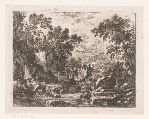 Landscape with a river, rocks, and a wooden bridge