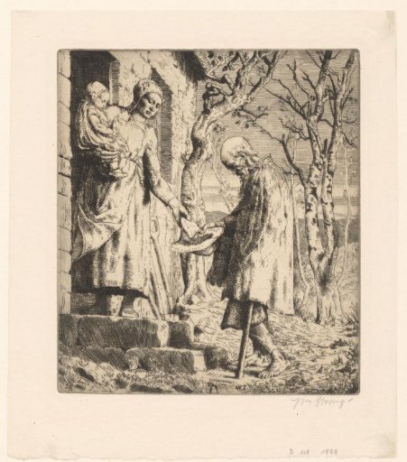 Woman gives a piece of bread to a beggar at the door