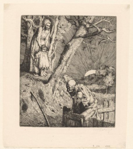 Mother and child looking at Death, who is walking through a wooden fence
