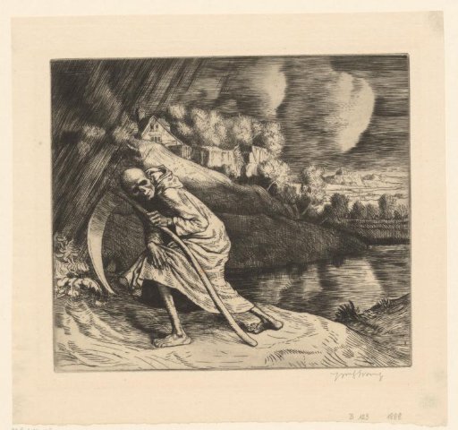 Landscape with Death with a scythe walking through a storm