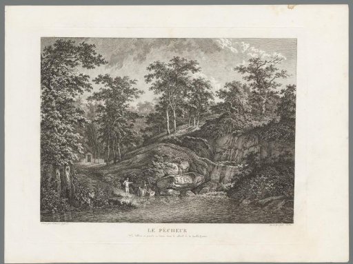 Landscape with a fishing family by a small waterfall