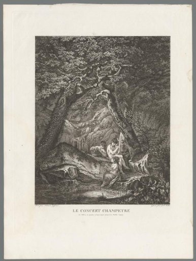 Wooded landscape with three young nymphs at a waterfall