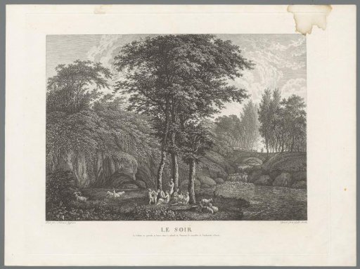 Rocky landscape with dancing and music-making nymphs at waterfalls