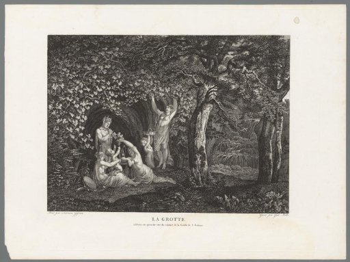 Wooded landscape with a satyr and nymphs picking grapes