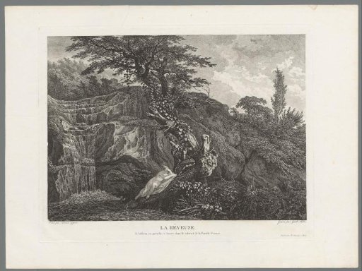 Hilly landscape with a waterfall and a nymph