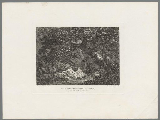 Rocky landscape with two nymphs on the shore by a waterfall