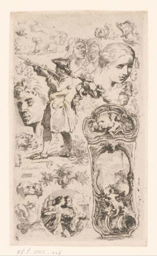Composition with a Cartouche, a Man with a Gun, and Various Heads and Animals
