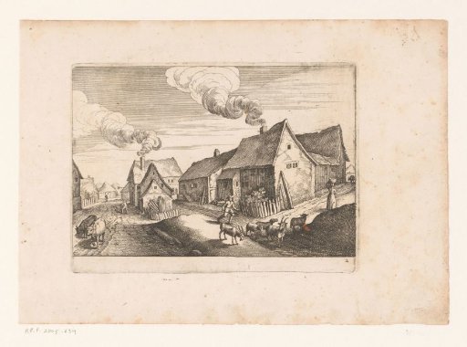 Village view with shepherd and cattle