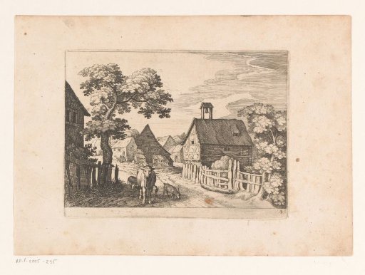 Village view with a cow and goats