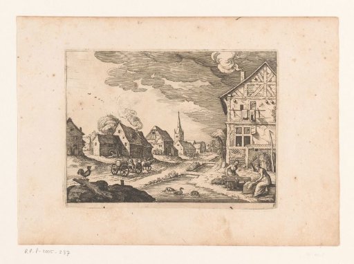Village scene with two women and a crowing rooster