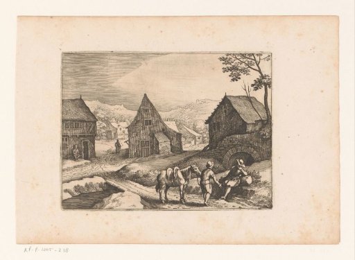Village scene with two resting travelers