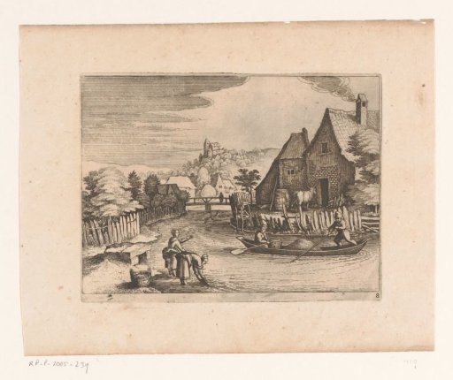 River landscape with a rowing boat and women washing clothes