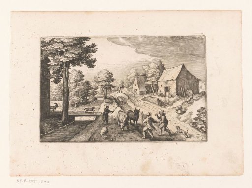 Country road with three shepherds and livestock