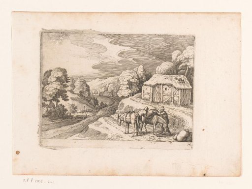 Country road with two men loading a donkey