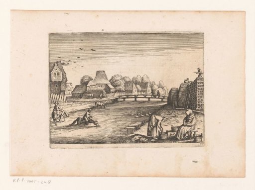 Village view with wood storage by a river