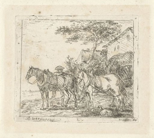 Man with three harnessed horses at a house