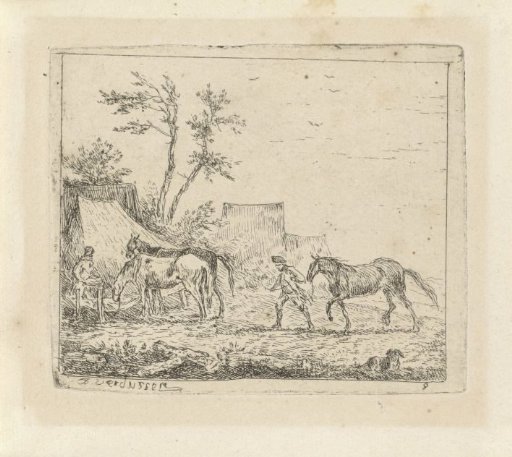 Two Men with Their Horses at a Drinking Place