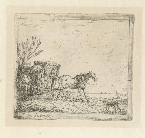 Carriage with a urinating horse in a landscape
