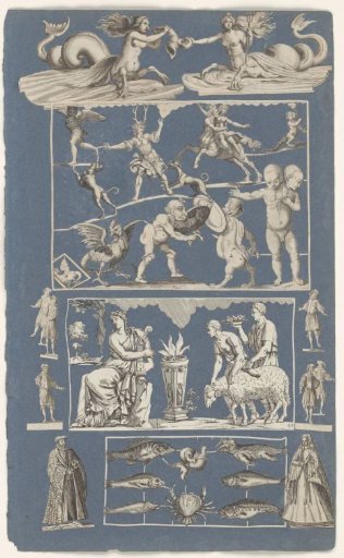 Collage of cut-out prints pasted on an album page of blue paper