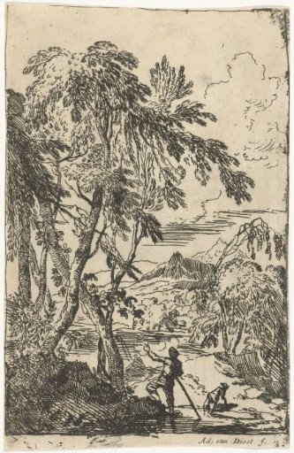 Mountainous landscape with trees and a man with a dog